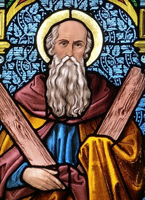 Stained glass window showing Moses